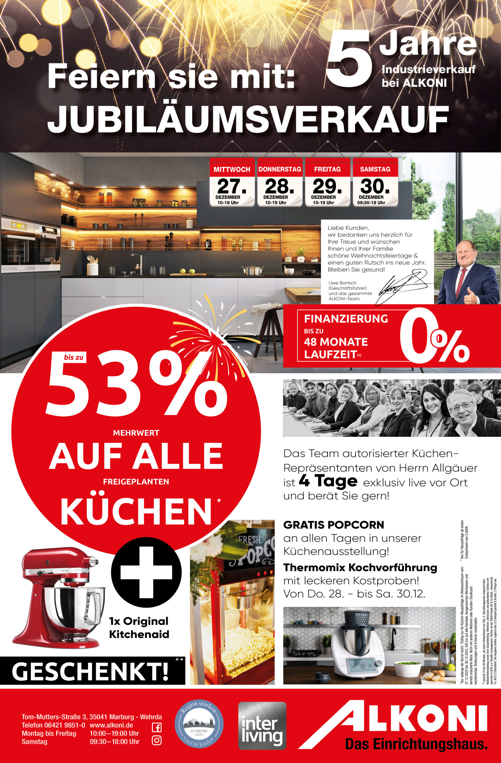 Werbung für den 5-Jahres-Jubiläumsverkauf von Alkoni mit bis zu 53% Rabatt auf Küchen, kostenlosen Geschenken, Popcorn und 0% Finanzierung.