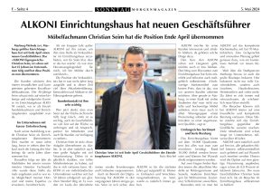 Ein Zeitungsartikel mit dem Porträt eines Mannes in einem blauen Anzug mit der Überschrift ALKONI Einrichtungshaus hat neuen Geschäftsführer.