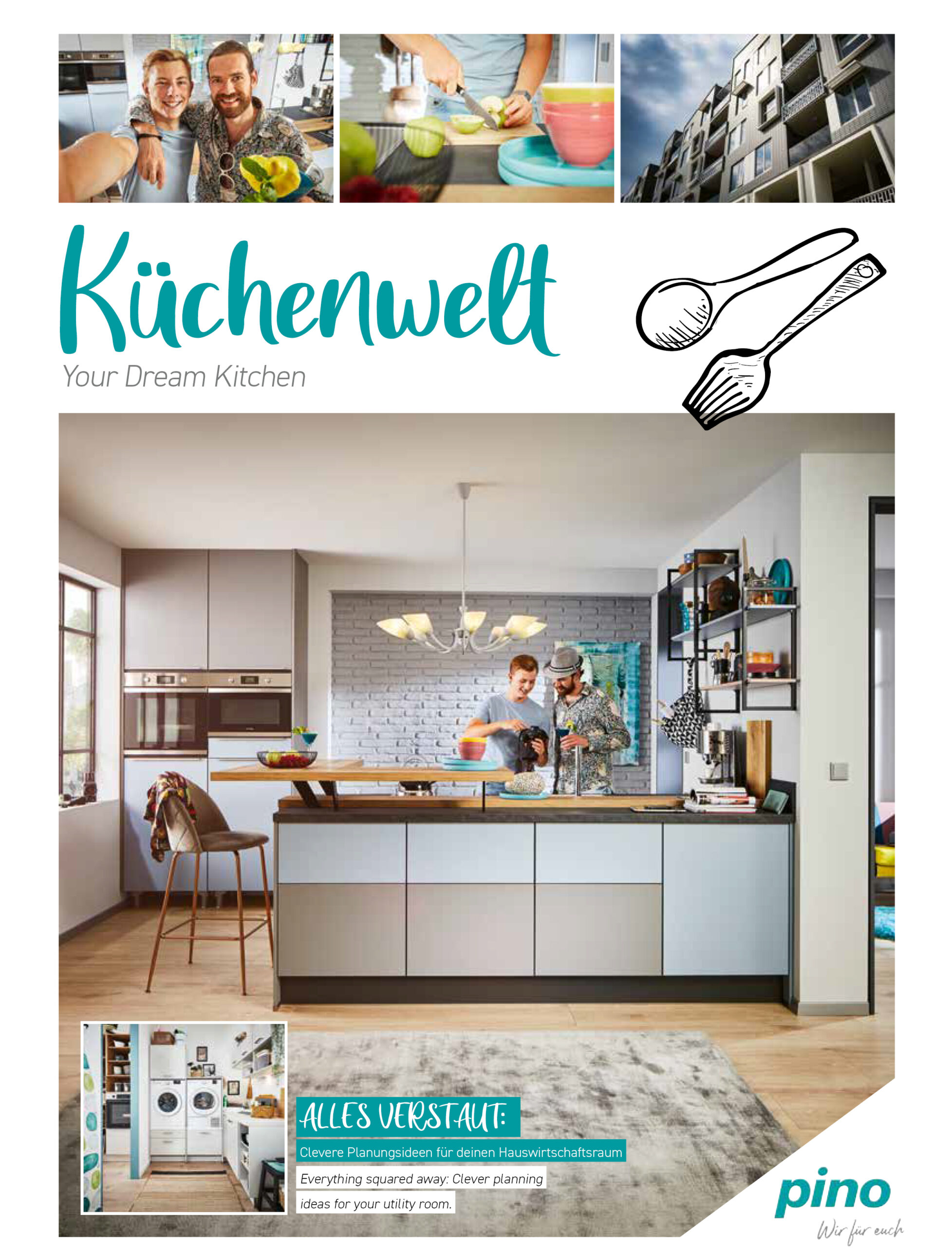 Moderne Küche, in der Menschen kochen, stilvolle Schränke und organisierte Aufbewahrungslösungen; oben der Text Küchenwelt.