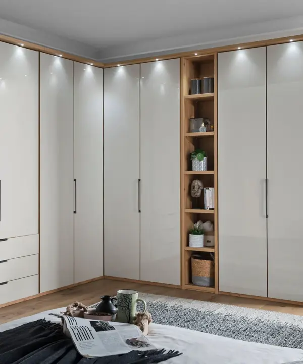 Eckschrank mit Drehtueren kieselgrau Glas